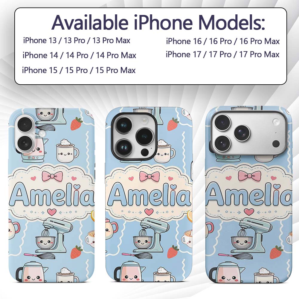 Cute Kawaii Mixer Kettle Fruits Blue Background Custom Name Protective Phone Case Mobile Cover Durable Everyday Smartphone Shock Resistant