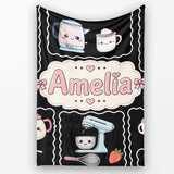 Cute Kawaii  Mixer Kettle Fruits Black Background Seamless  Personalised Custom Name Super Soft Fleece Blanket Bed Sofa Throw