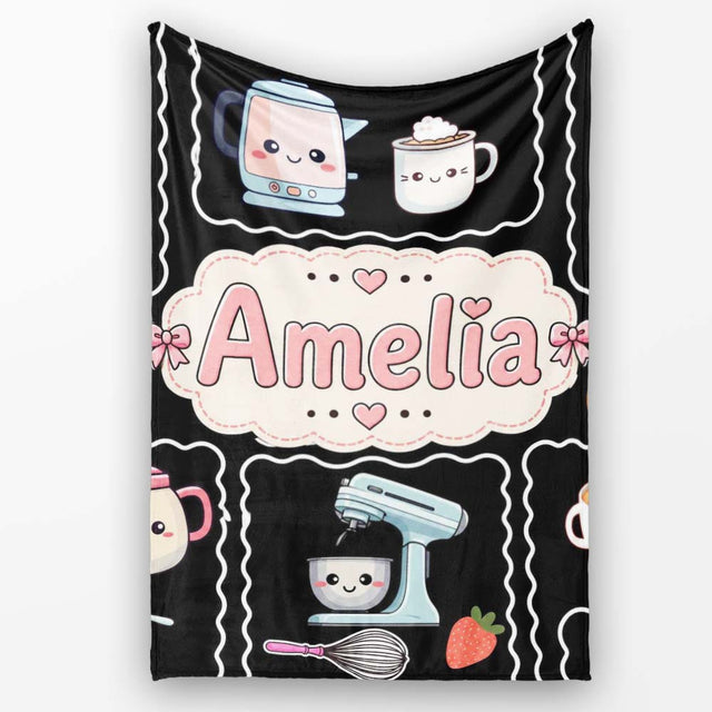 Cute Kawaii  Mixer Kettle Fruits Black Background Seamless  Personalised Custom Name Super Soft Fleece Blanket Bed Sofa Throw