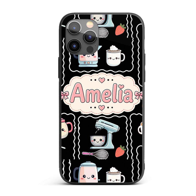 Cute Kawaii Mixer Kettle Fruits Black Background Custom Name Protective Phone Case Mobile Cover Durable Everyday Smartphone Shock Resistant