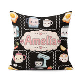 Custom Name Kawaii Mixer Kettle Fruits Black Background Seamless Square Filled Cushion Throw Pillow Sofa Bed Home Decor Zip Washable UK Made
