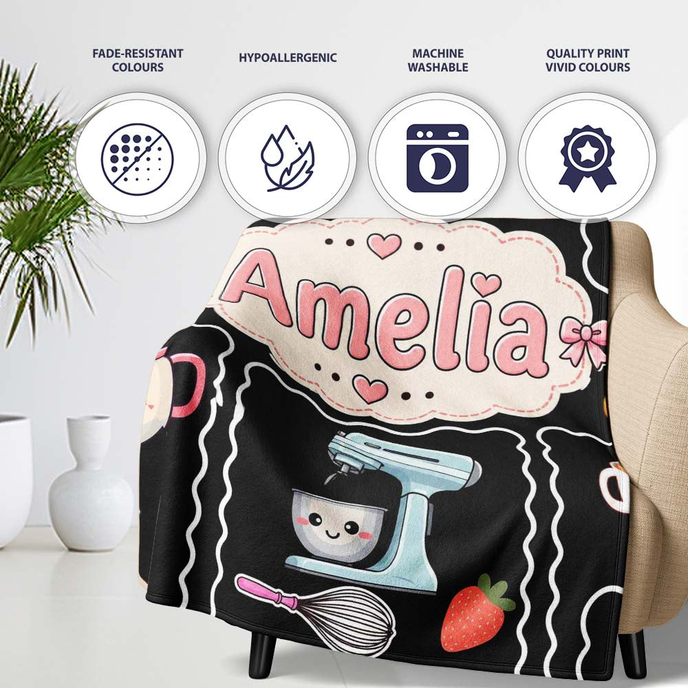 Cute Kawaii  Mixer Kettle Fruits Black Background Seamless  Personalised Custom Name Super Soft Fleece Blanket Bed Sofa Throw
