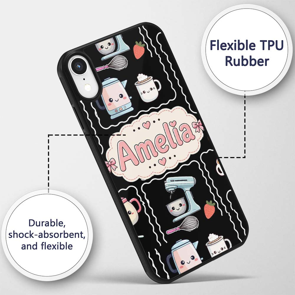 Cute Kawaii Mixer Kettle Fruits Black Background Custom Name Protective Phone Case Mobile Cover Durable Everyday Smartphone Shock Resistant