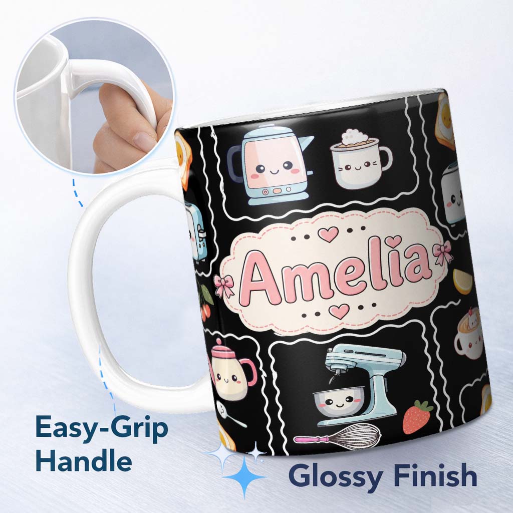 Personalized Custom Name Cute Kawaii Kitchen Mixer Kettle Fruits Black Background Seamless 11oz Ceramic Coffee Tea Mug White Large Handle