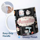 Personalized Custom Name Cute Kawaii Kitchen Mixer Kettle Fruits Black Background Seamless 11oz Ceramic Coffee Tea Mug White Large Handle
