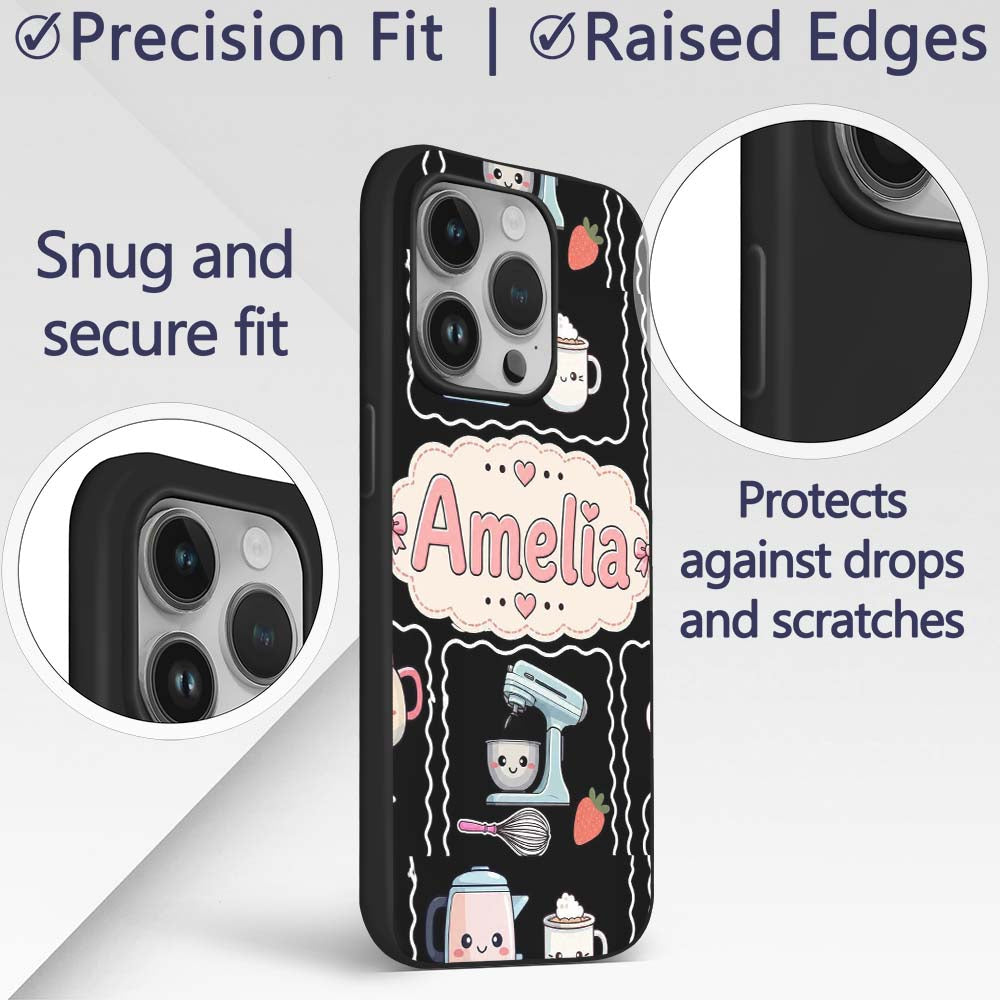 Cute Kawaii Mixer Kettle Fruits Black Background Custom Name Protective Phone Case Mobile Cover Durable Everyday Smartphone Shock Resistant