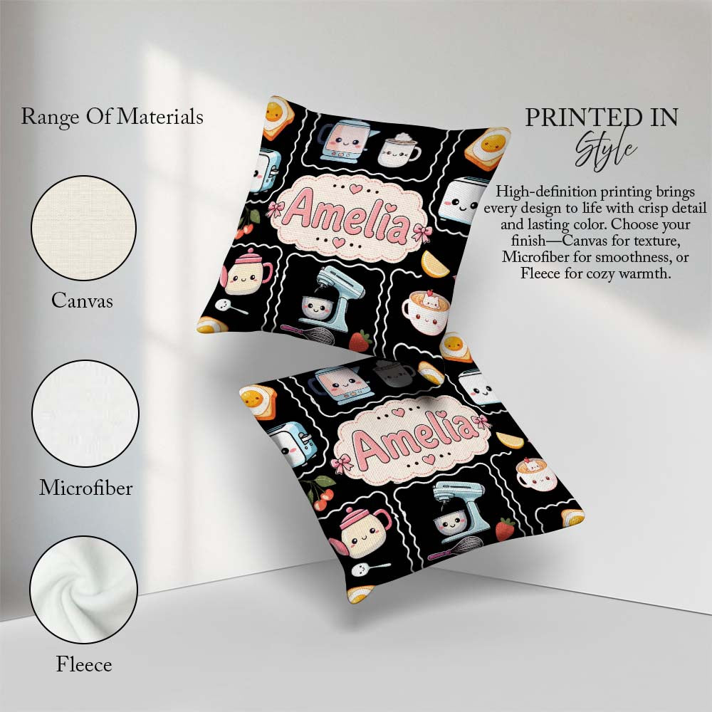 Custom Name Kawaii Mixer Kettle Fruits Black Background Seamless Square Filled Cushion Throw Pillow Sofa Bed Home Decor Zip Washable UK Made