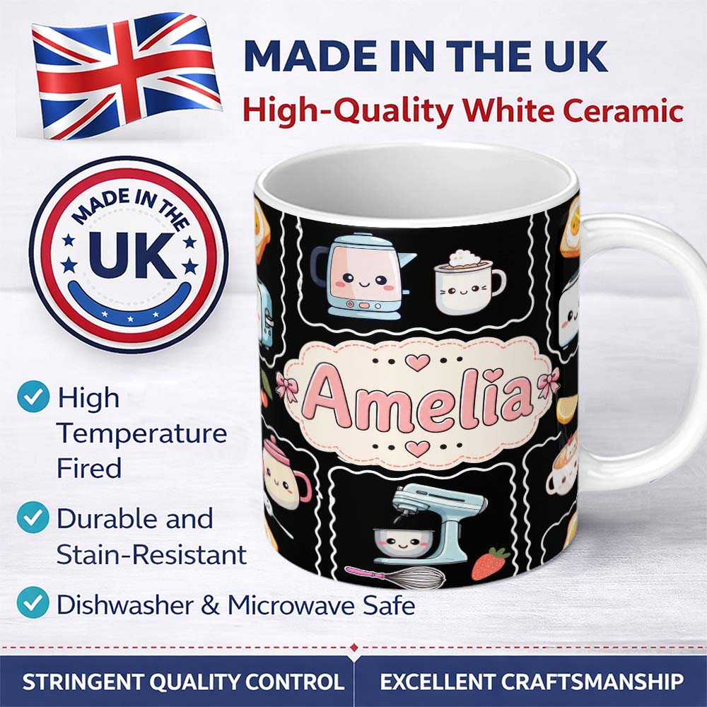 Personalized Custom Name Cute Kawaii Kitchen Mixer Kettle Fruits Black Background Seamless 11oz Ceramic Coffee Tea Mug White Large Handle
