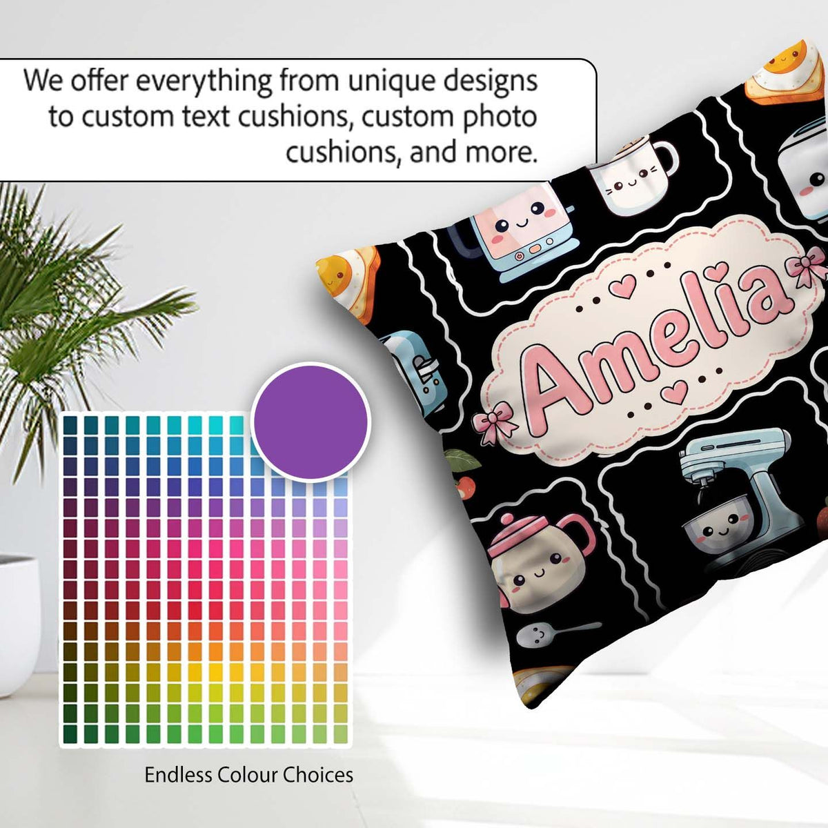 Custom Name Kawaii Mixer Kettle Fruits Black Background Seamless Square Filled Cushion Throw Pillow Sofa Bed Home Decor Zip Washable UK Made