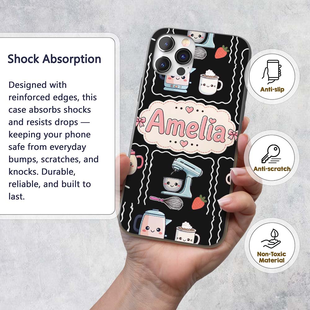 Cute Kawaii Mixer Kettle Fruits Black Background Custom Name Protective Phone Case Mobile Cover Durable Everyday Smartphone Shock Resistant
