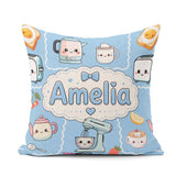 Custom Name Cute Kawaii Mixer Kettle Fruits Sky Blue Background Square Filled Cushion Throw Pillow Sofa Bed Home Decor Zip Washable UK Made