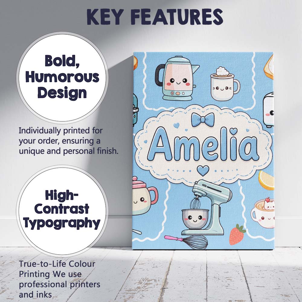 Personalised Name Cute Kawaii Mixer Kettle Custom  Unique Gift Idea Elegant Feature Canvas Wall Art Print Decor Picture Ready to Hang