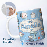 Personalized Custom Name Cute Kawaii Kitchen Mixer Kettle Fruits Sky Blue Background 11oz Ceramic Coffee Tea Mug White Large Handle