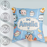 Custom Name Cute Kawaii Mixer Kettle Fruits Sky Blue Background Square Filled Cushion Throw Pillow Sofa Bed Home Decor Zip Washable UK Made