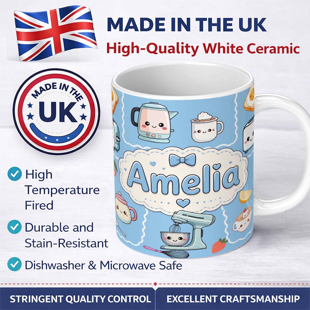 Personalized Custom Name Cute Kawaii Kitchen Mixer Kettle Fruits Sky Blue Background 11oz Ceramic Coffee Tea Mug White Large Handle