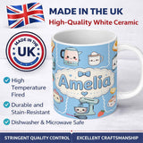 Personalized Custom Name Cute Kawaii Kitchen Mixer Kettle Fruits Sky Blue Background 11oz Ceramic Coffee Tea Mug White Large Handle