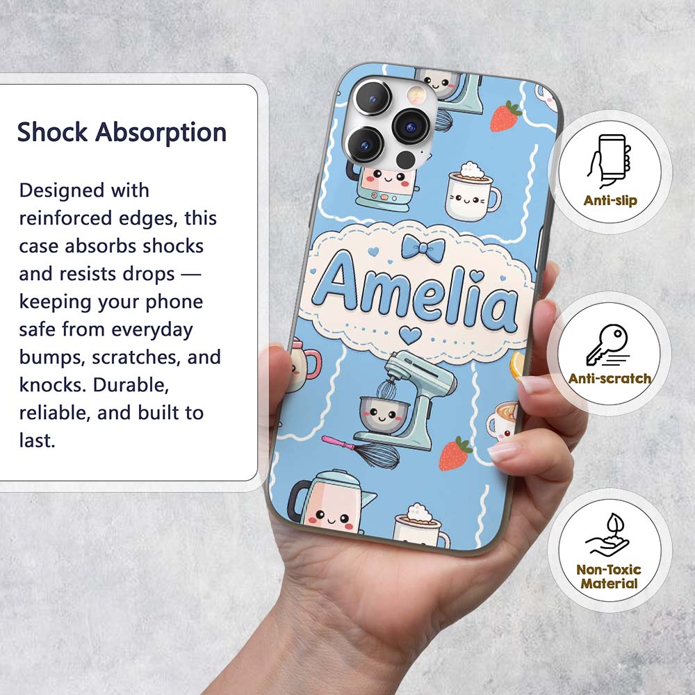 Cute Kawaii Mixer Kettle Fruits Printed Design Custom Name Protective Phone Case Mobile Cover Durable Everyday Smartphone Shock Resistant