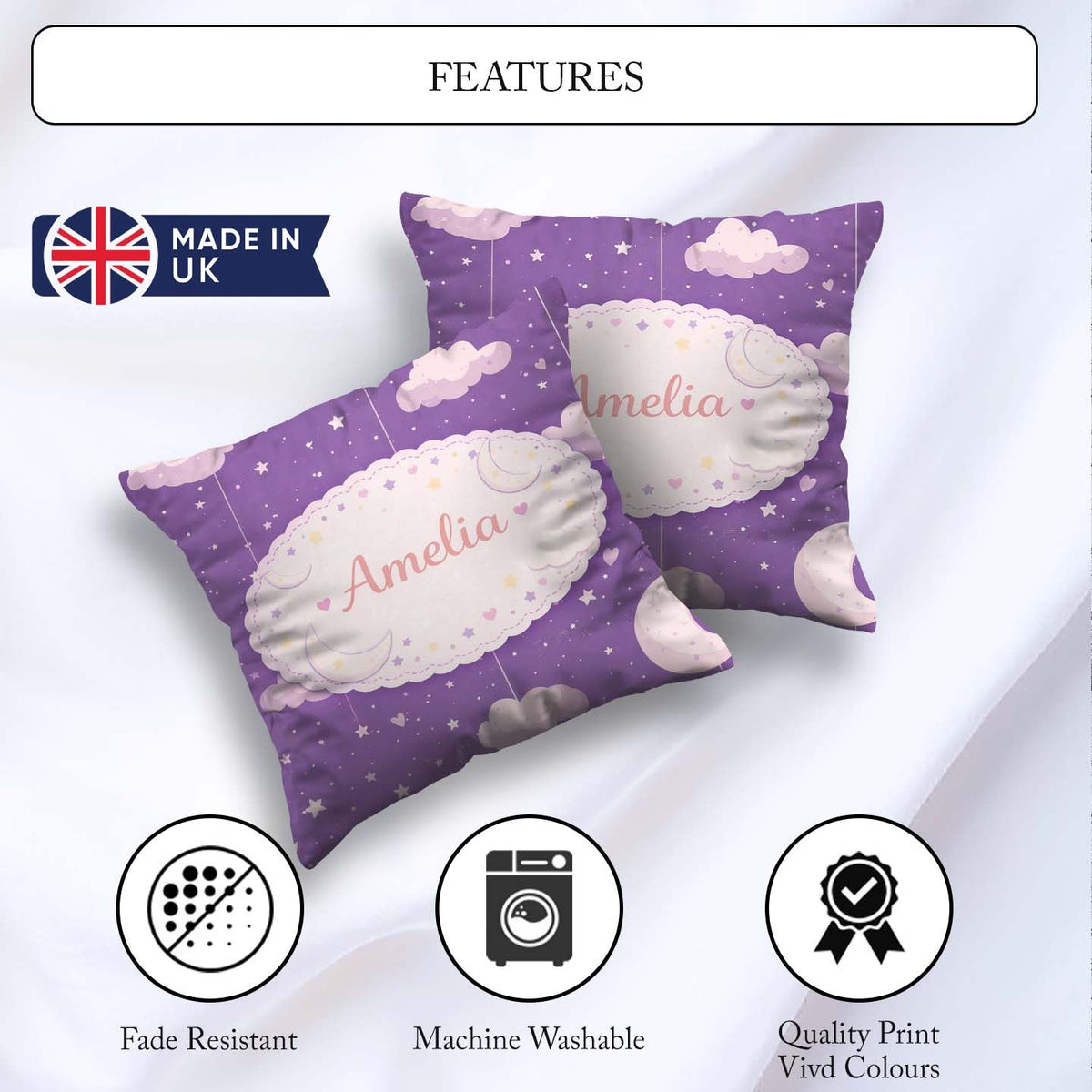 Custom Name Purple Night Sky Moon Hanging Stars Seamless Pattern Square Filled Cushion Throw Pillow Sofa Bed Home Decor Zip Washable UK Made