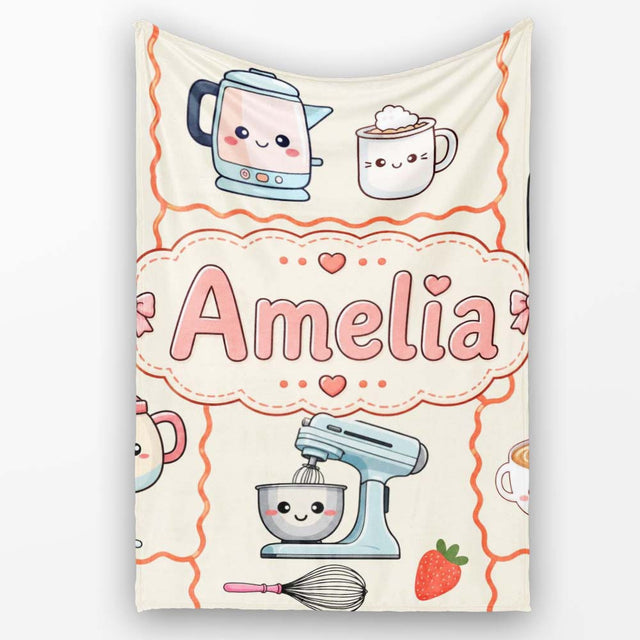 Cute Kawaii  Mixer Kettle Fruits Cream Background Seamless  Personalised Custom Name Super Soft Fleece Blanket Bed Sofa Throw