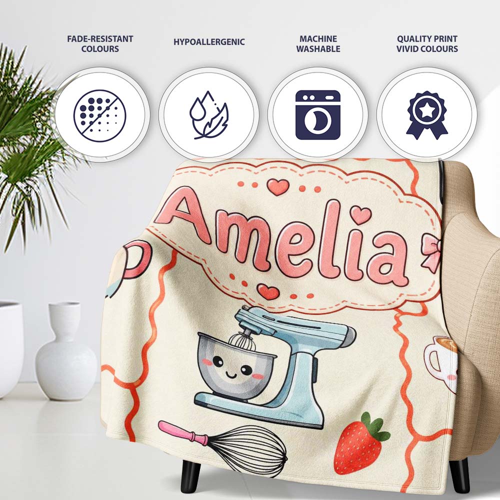 Cute Kawaii  Mixer Kettle Fruits Cream Background Seamless  Personalised Custom Name Super Soft Fleece Blanket Bed Sofa Throw