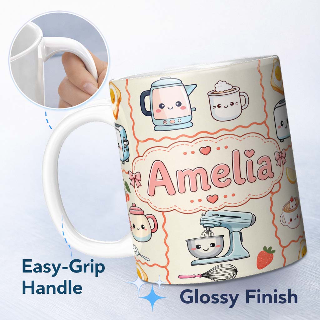Personalized Custom Name Cute Kawaii Kitchen Mixer Kettle Fruits Cream Background Seamless 11oz Ceramic Coffee Tea Mug White Large Handle