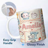 Personalized Custom Name Cute Kawaii Kitchen Mixer Kettle Fruits Cream Background Seamless 11oz Ceramic Coffee Tea Mug White Large Handle