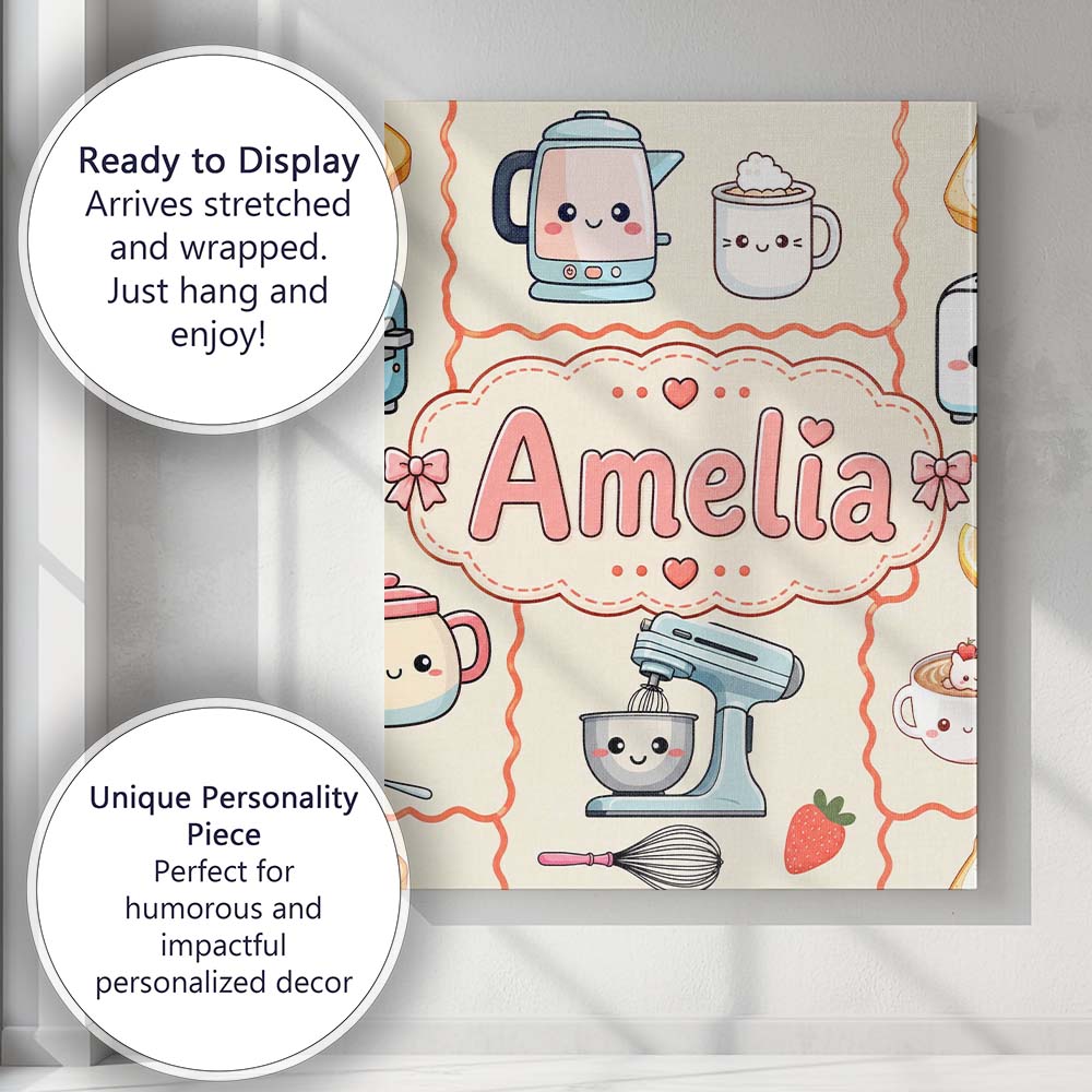 Personalised Name Cute Kawaii Mixer Kettle Custom  Unique Gift Idea Elegant Feature Canvas Wall Art Print Decor Picture Ready to Hang