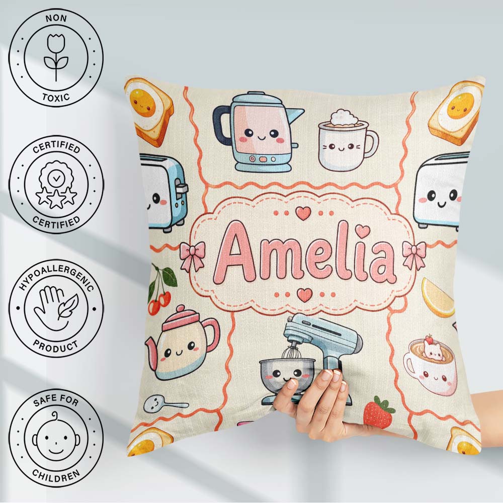 Custom Name Kawaii Mixer Kettle Fruits Cream Background Seamless Square Filled Cushion Throw Pillow Sofa Bed Home Decor Zip Washable UK Made