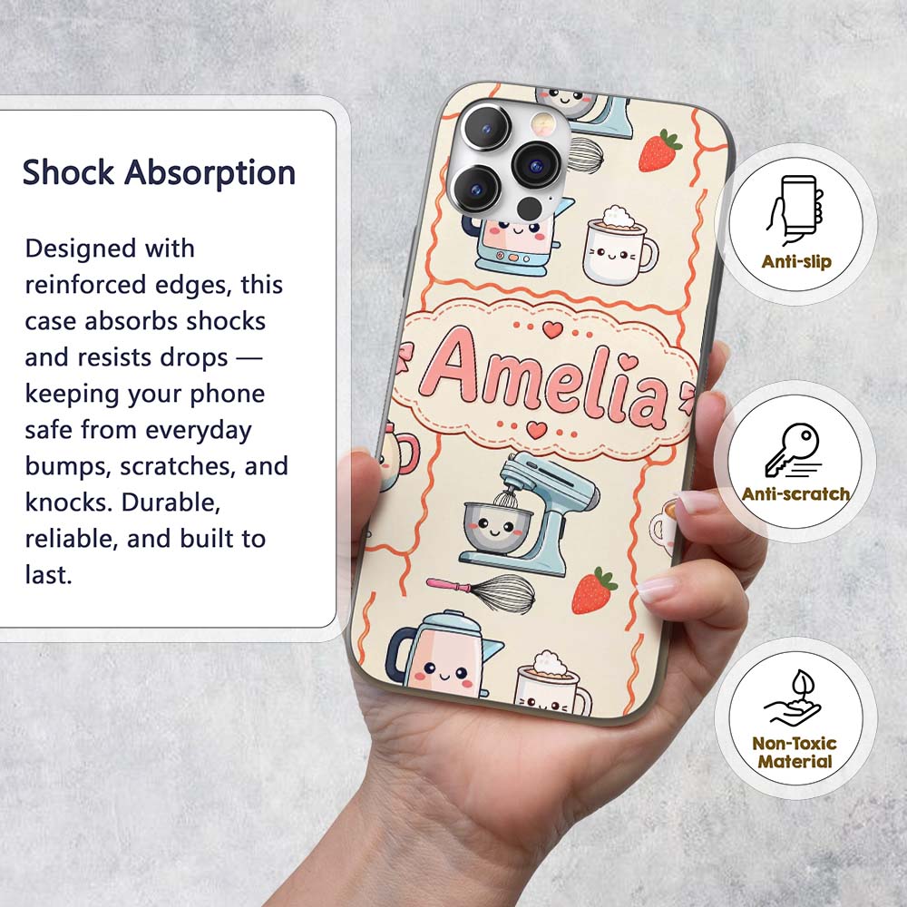 Cute Kawaii Mixer Kettle Fruits Cream Background Custom Name Protective Phone Case Mobile Cover Durable Everyday Smartphone Shock Resistant