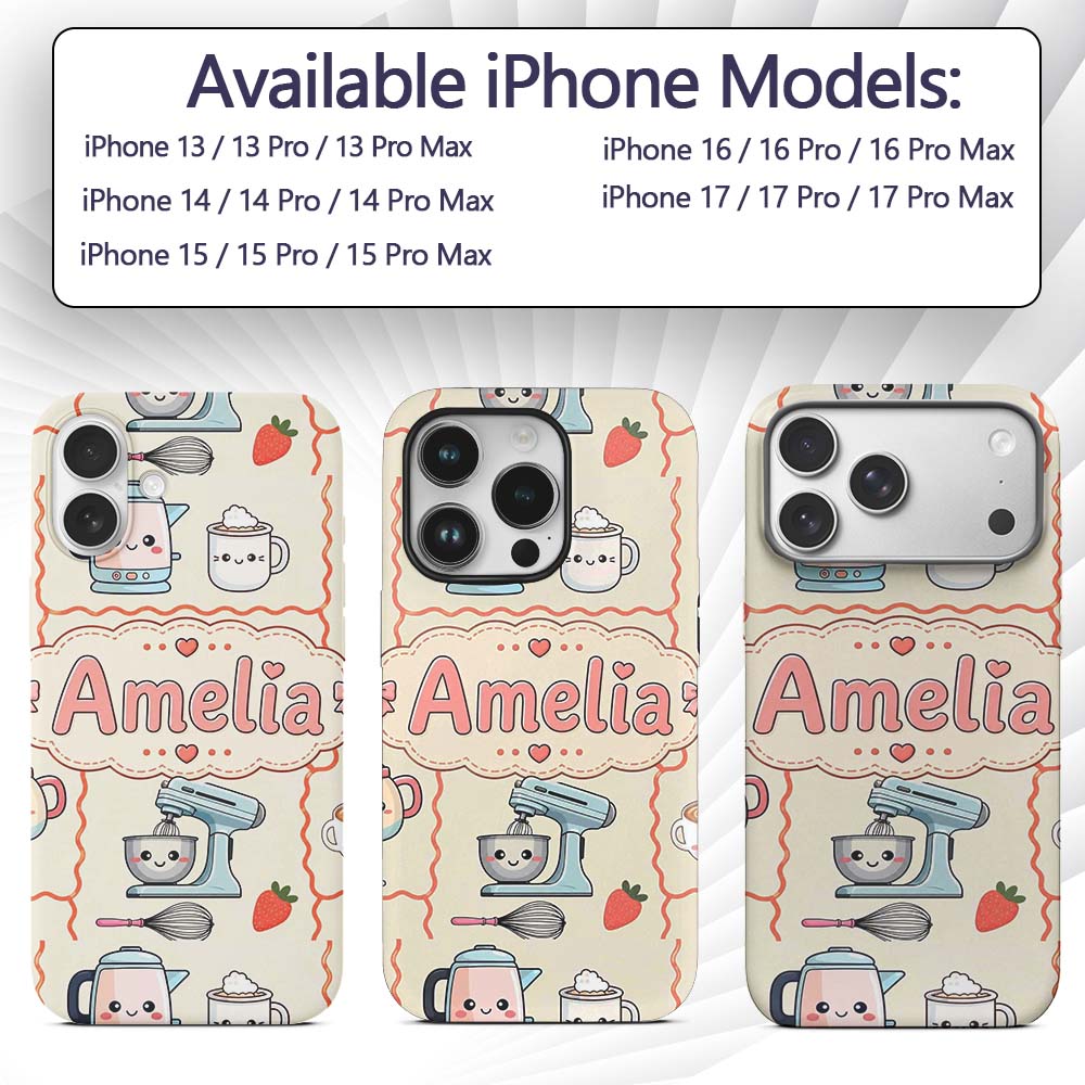 Cute Kawaii Mixer Kettle Fruits Cream Background Custom Name Protective Phone Case Mobile Cover Durable Everyday Smartphone Shock Resistant