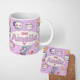 Personalized Custom Name Cute Kawaii Kitchen Mixer Kettle Fruits Purple Background Seamless 11oz Ceramic Coffee Tea Mug White Large Handle