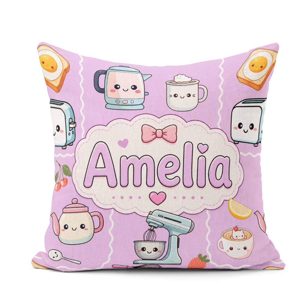 Custom Name Cute Kawaii Kettle Fruits Purple Background Seamless Square Filled Cushion Throw Pillow Sofa Bed Home Decor Zip Washable UK Made