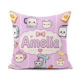 Custom Name Cute Kawaii Kettle Fruits Purple Background Seamless Square Filled Cushion Throw Pillow Sofa Bed Home Decor Zip Washable UK Made