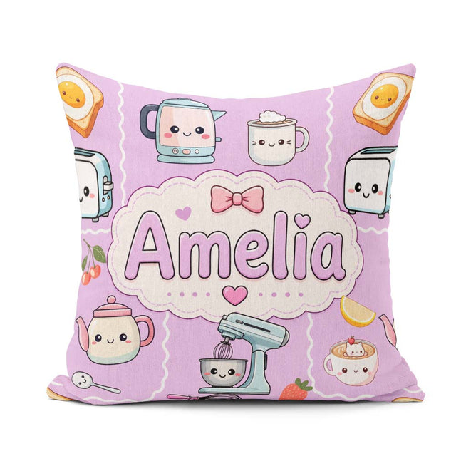 Custom Name Cute Kawaii Kettle Fruits Purple Background Seamless Square Filled Cushion Throw Pillow Sofa Bed Home Decor Zip Washable UK Made