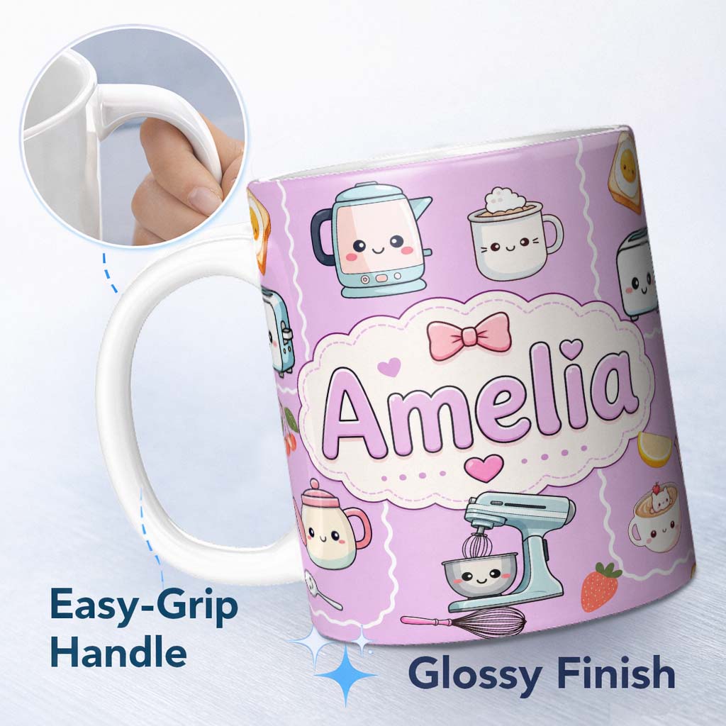 Personalized Custom Name Cute Kawaii Kitchen Mixer Kettle Fruits Purple Background Seamless 11oz Ceramic Coffee Tea Mug White Large Handle