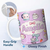 Personalized Custom Name Cute Kawaii Kitchen Mixer Kettle Fruits Purple Background Seamless 11oz Ceramic Coffee Tea Mug White Large Handle