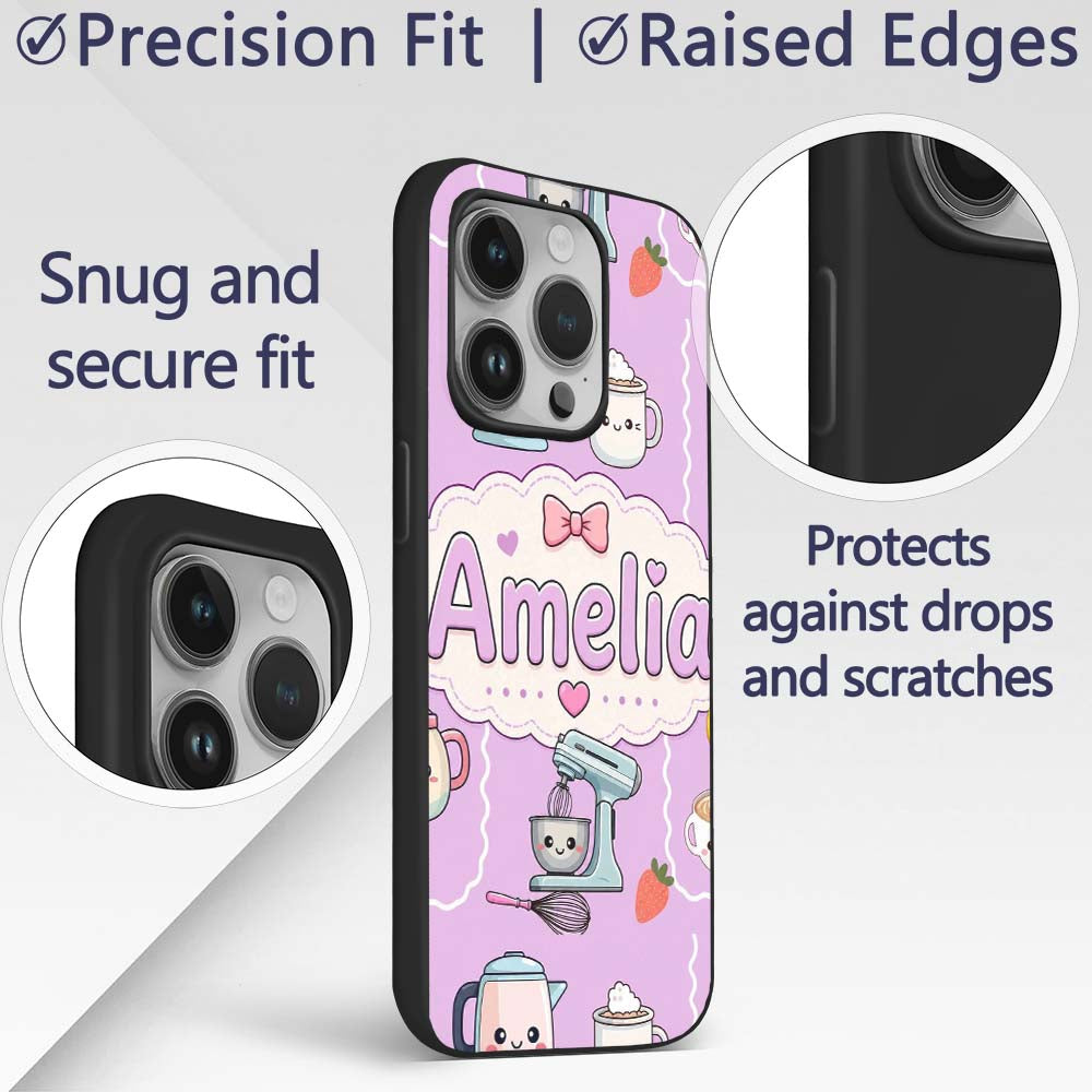 Cute Kawaii Mixer Kettle Fruits Purple Background Custom Name Protective Phone Case Mobile Cover Durable Everyday Smartphone Shock Resistant
