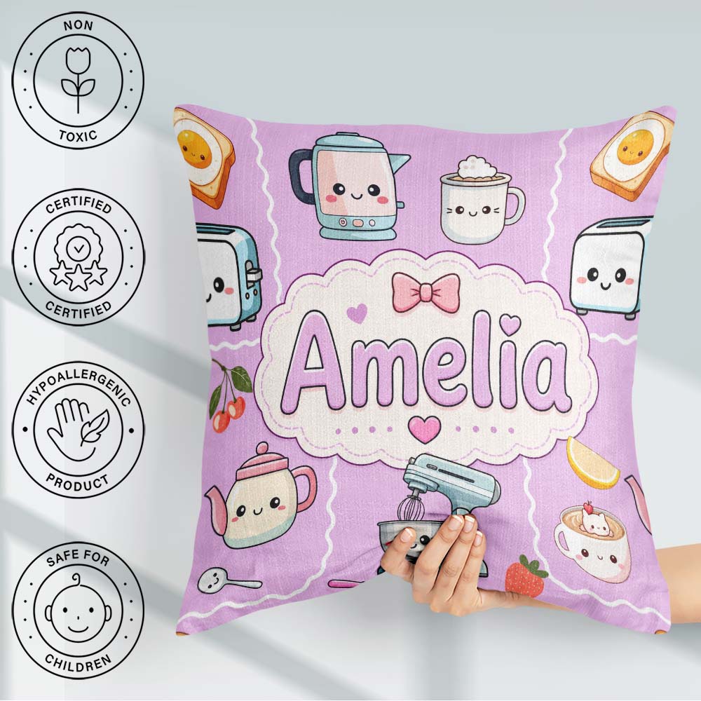 Custom Name Cute Kawaii Kettle Fruits Purple Background Seamless Square Filled Cushion Throw Pillow Sofa Bed Home Decor Zip Washable UK Made