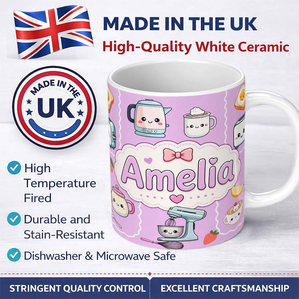 Personalized Custom Name Cute Kawaii Kitchen Mixer Kettle Fruits Purple Background Seamless 11oz Ceramic Coffee Tea Mug White Large Handle