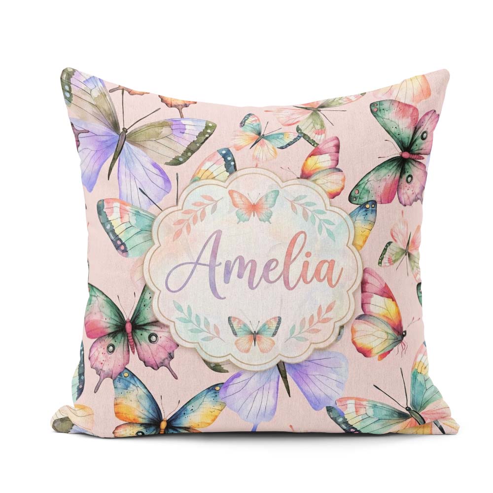 Custom Name Watercolor Butterflies Blush Pink Background Pattern Square Filled Cushion Throw Pillow Sofa Bed Home Decor Zip Washable UK Made