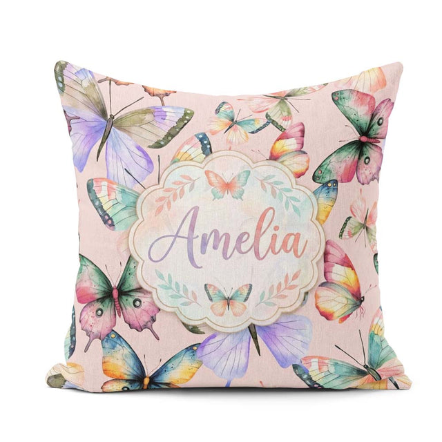 Custom Name Watercolor Butterflies Blush Pink Background Pattern Square Filled Cushion Throw Pillow Sofa Bed Home Decor Zip Washable UK Made
