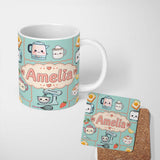 Personalized Custom Name Cute Kawaii Kitchen Mixer Kettle Fruits Mint Background Seamless 11oz Ceramic Coffee Tea Mug White Large Handle