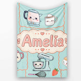 Cute Kawaii  Mixer Kettle Fruits Mint Background Seamless  Personalised Custom Name Super Soft Fleece Blanket Bed Sofa Throw