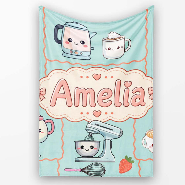 Cute Kawaii  Mixer Kettle Fruits Mint Background Seamless  Personalised Custom Name Super Soft Fleece Blanket Bed Sofa Throw