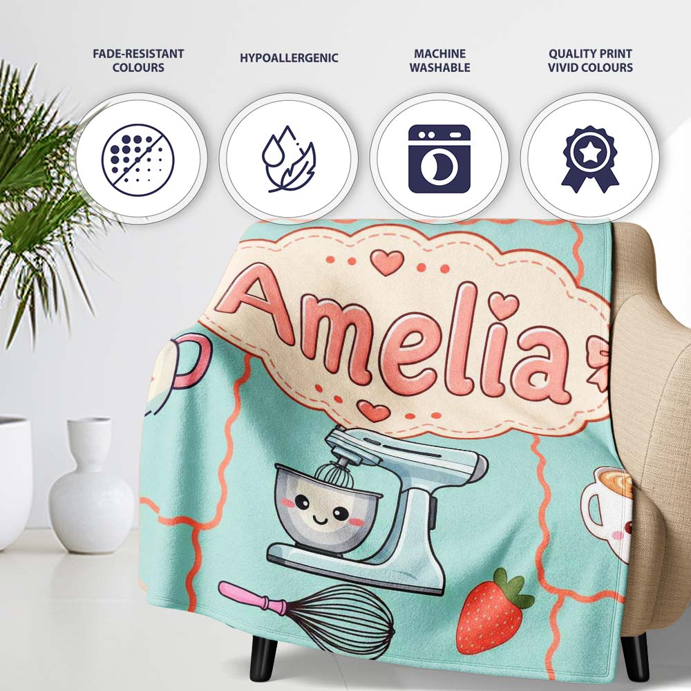 Cute Kawaii  Mixer Kettle Fruits Mint Background Seamless  Personalised Custom Name Super Soft Fleece Blanket Bed Sofa Throw