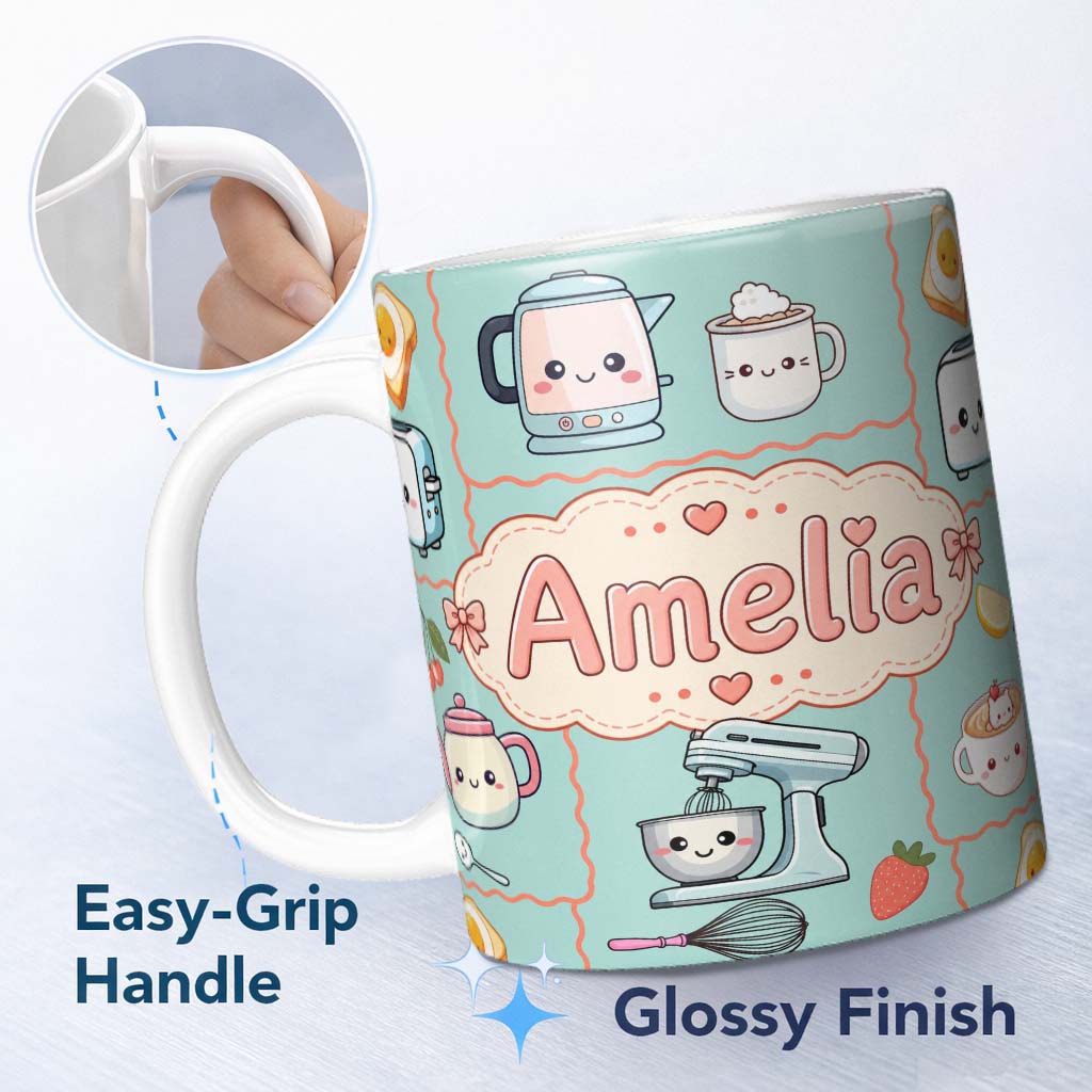 Personalized Custom Name Cute Kawaii Kitchen Mixer Kettle Fruits Mint Background Seamless 11oz Ceramic Coffee Tea Mug White Large Handle