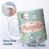 Personalized Custom Name Cute Kawaii Kitchen Mixer Kettle Fruits Mint Background Seamless 11oz Ceramic Coffee Tea Mug White Large Handle