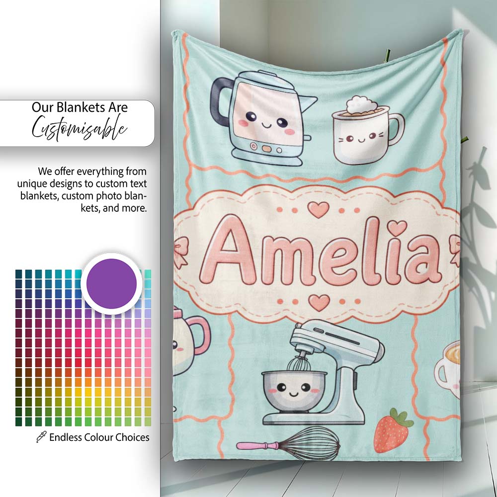 Cute Kawaii  Mixer Kettle Fruits Mint Background Seamless  Personalised Custom Name Super Soft Fleece Blanket Bed Sofa Throw