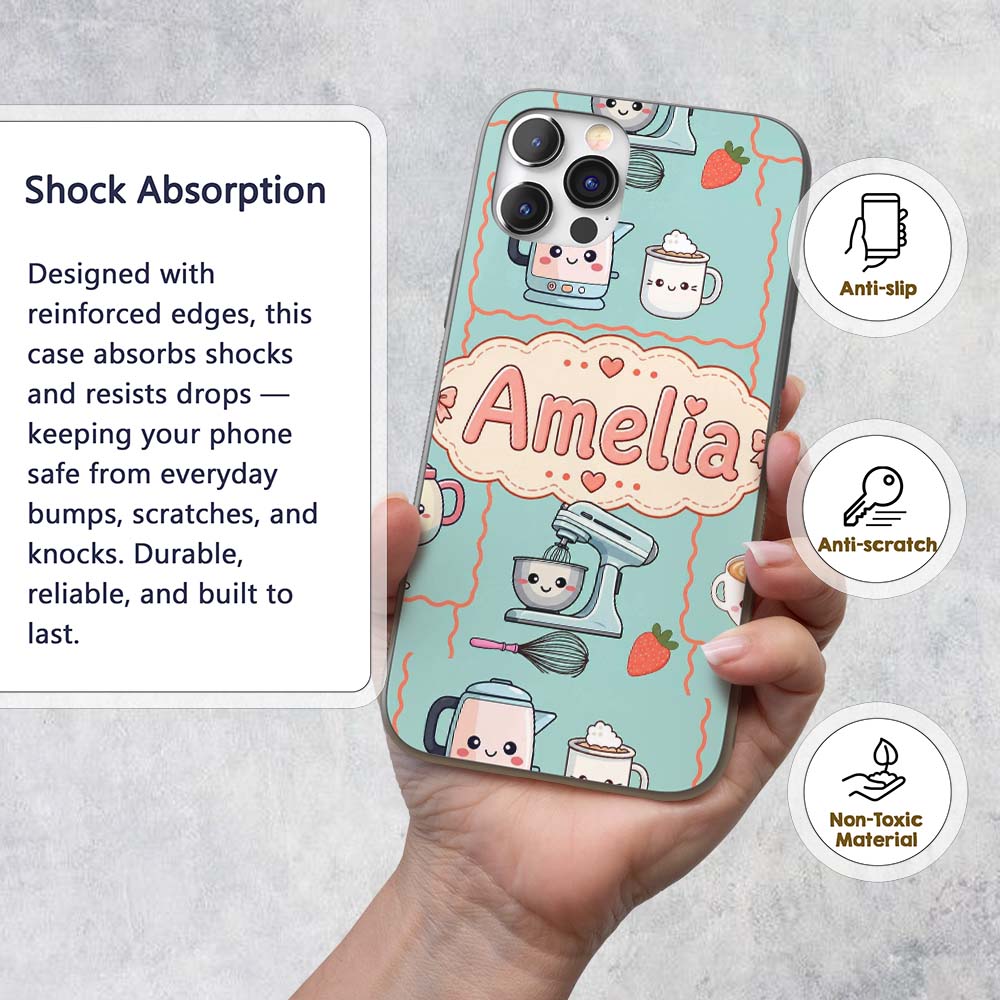 Cute Kawaii Mixer Kettle Fruits Mint Background Custom Name Protective Phone Case Mobile Cover Durable Everyday Smartphone Shock Resistant