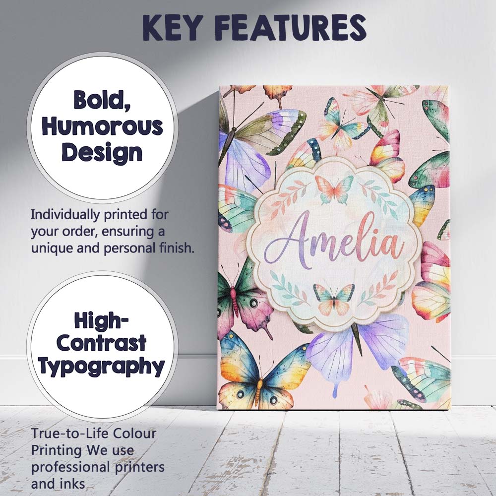 Personalised Name Pastel Watercolor Butterflies Blush Pink Background Custom Home Unique Canvas Wall Art Print Decor Picture Ready to Hang